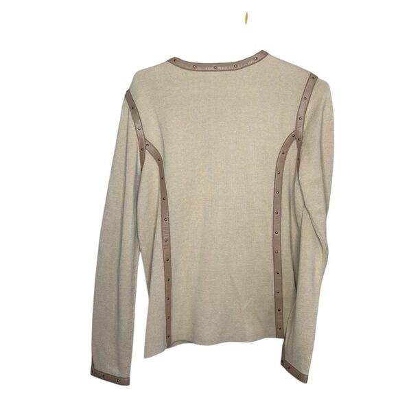 Sigrid Olsen Silk Blend Leather Trim Long Sleeve Crew Neck Cardigan, Size M - Picture 5 of 6